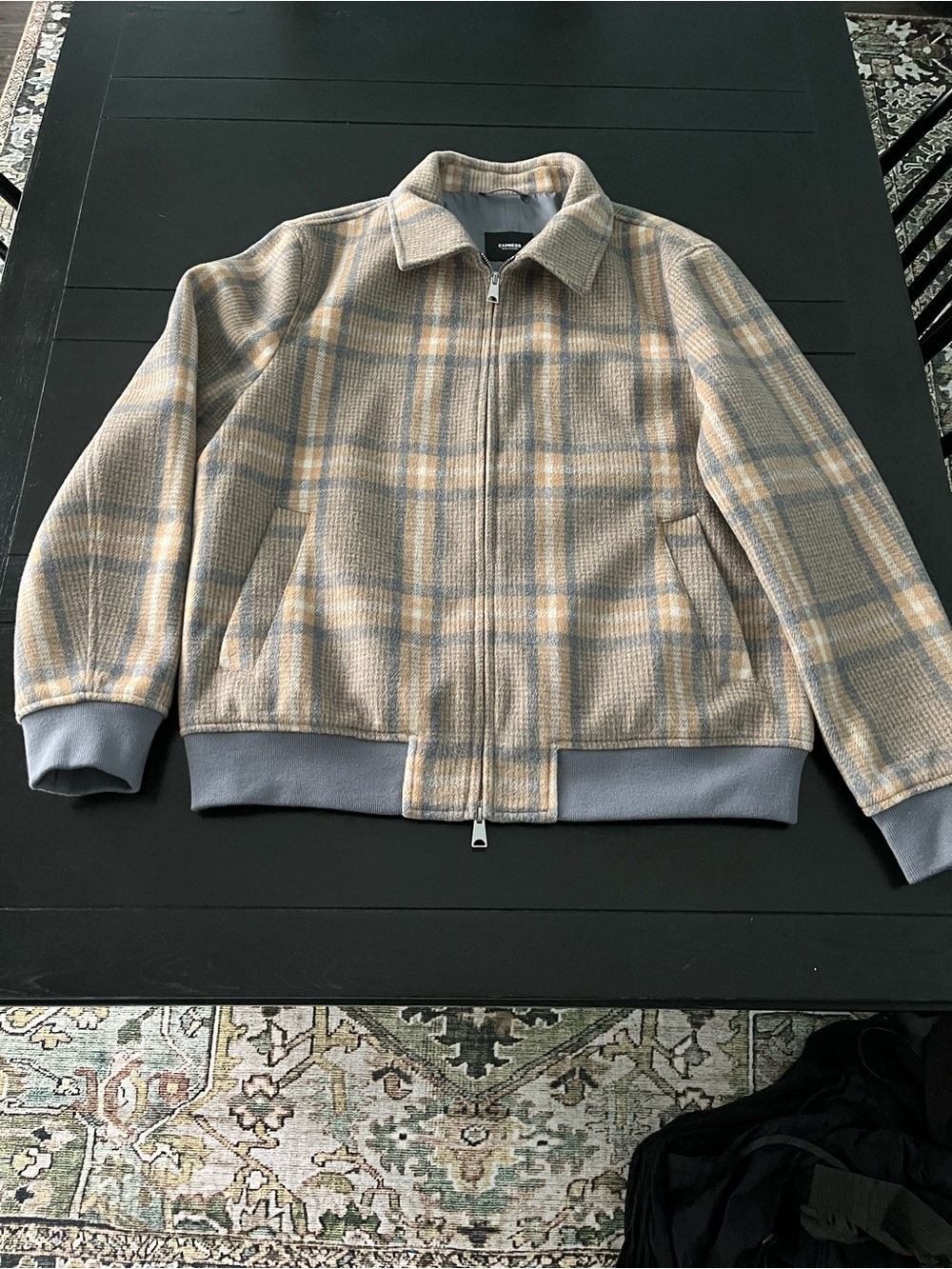 Fully lined, Express Men's Zip-Up Plaid Jacket in Beige and Light Gray